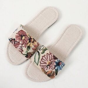 Veloura Floral Slide Sandals Women Beige Summer Slip-On Flat Slides
